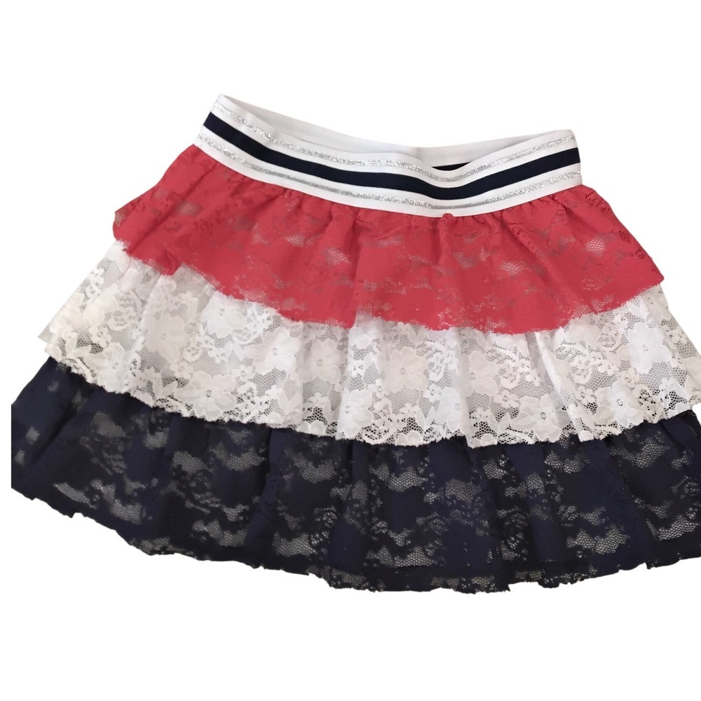 Girls Red White Blue Patriotic Tiered Lace Skirt Elastic Waist Size S 6-6X